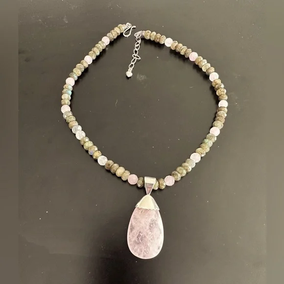Laborite & pink quartz bead necklace with pendant by Jay King - Picture 4 of 14
